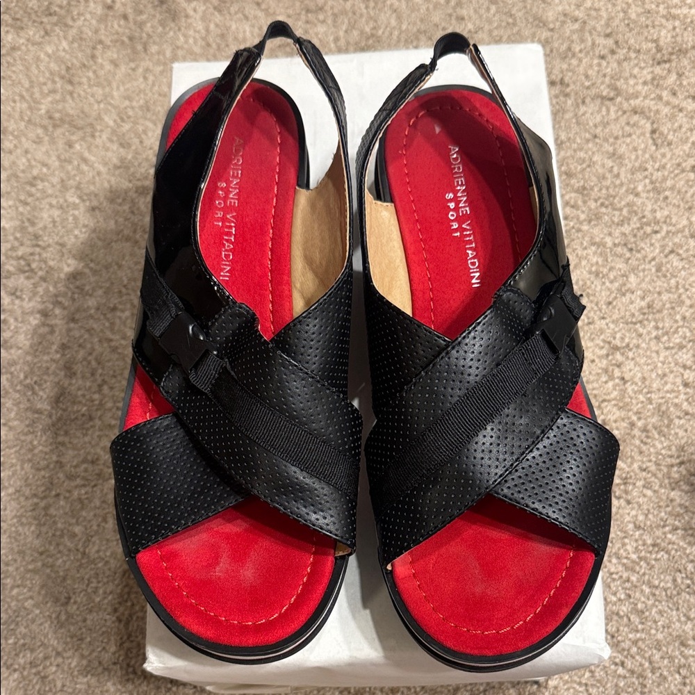 Adrienne Vittadini Black and Red Crisscross Sandals